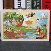 Wooden animal puzzle with colorful jungle scene featuring cartoon animals, designed for children's educational play.