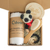 Baby teething toy gift set with gauze blanket, wooden milestone, crochet panda, brush, and teether beads in a box.