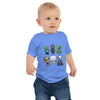 Baby wearing blue Minecraft mobs tee, showcasing vibrant gaming design.