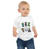 Baby wearing a Minecraft mobs design jersey tee, short sleeve, cotton shirt for little gamers in white, paired with jeans.