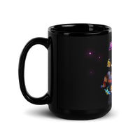 Black glossy 15 oz Minecraft mug featuring iconic game heroes, perfect for gamers and coffee lovers.