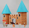 DIY Mini Mason Build-A-House Kit medieval castle with knights and colorful turrets; educational toy for kids' creativity and learning.