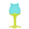 Silicone baby teether with frog design in blue and green, promoting gum massage and improved grip for babies aged 0-12 months.