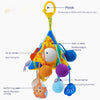 Colorful baby car hanging toy with rattle and teether, featuring hook for cribs and strollers. Stimulates sensory and motor skills.