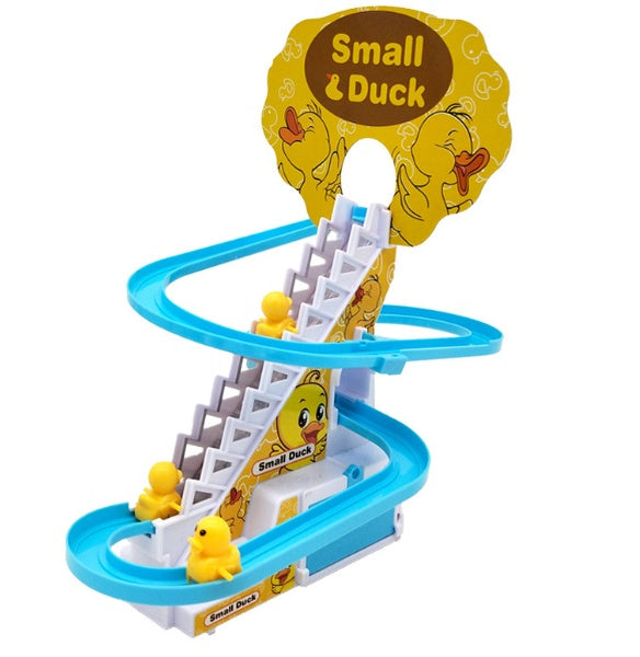 Duck climbing stairs toy with blue track, featuring a sign that says "Small & Duck". Playful design for children's entertainment.