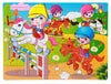 Colorful horse riding scene from a children's puzzle, featuring kids in helmets riding ponies in a vibrant outdoor setting.