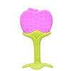 Pink and green silicone baby teether in a fun apple shape, designed to soothe gums and improve grip strength for infants.