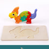 Colorful wooden dinosaur puzzle with a shaped base, perfect for Montessori play and enhancing learning skills in children.