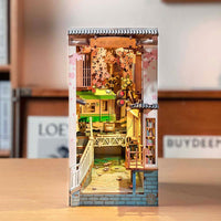 DIY Wooden Book Nook Kit featuring Sakura Densya Japanese train station miniature dollhouse with LED light.