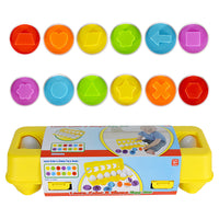 Montessori shape matching egg toy set with colorful shapes for kids' learning and cognitive development, packaging displayed.