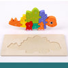 Colorful wooden dinosaur puzzle for kids, Montessori educational toy promoting spatial awareness and creativity.