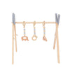 Wooden baby fitness frame with hanging toys for infant play and motor skill development. Stylish nursery decor accessory.