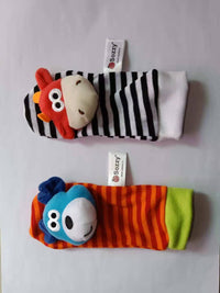 Soft baby rattle wrist and foot socks toy set with colorful plush animal designs for sensory development.