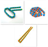 Colorful bike chain fidget toy in green, orange, and blue, shown in various shapes for stress relief and creative puzzles.