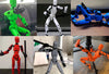 Colorful 3D printed shapeshift robot figures with movable joints posing creatively.