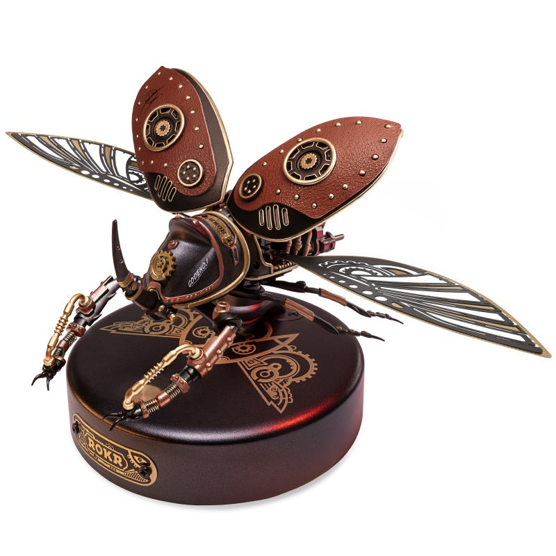 Rokr Metal 3D Puzzle Rhinoceros Beetle Mechanical Model DIY Kit in punk style, displayed on a base.