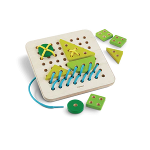 Wooden lacing board with colorful geometric shapes and threading holes for children's educational play.