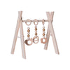 Wooden baby fitness frame with hanging toys, designed for infant motor skill development and nursery decor.