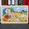 Wooden animal puzzle with farm scene, perfect educational jigsaw toy for kids to enhance motor skills and problem-solving abilities.