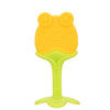 Silicone baby teether with yellow frog design for soothing teething discomfort while enhancing grip strength.