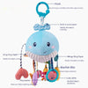 Soft fabric baby car hanging toy with pull-string design, featuring whale shape, teether, rattle, colorful rings for sensory play.