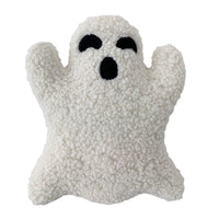 Plush ghost pillow with cute design, made from soft cotton. Perfect for Halloween decor or as a cuddly toy.