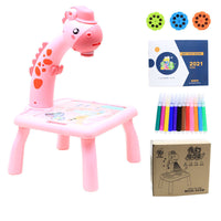 Children's LED Projector Drawing Table with art supplies and projector discs for creative tracing and music-enhanced fun.