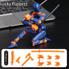 3D-printed action figure with flexible joints and accessories in blue and orange, ideal for creative posing and display.