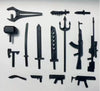 Assorted black 3D-printed action figure weapons, including swords, guns, and axes, displayed on a white background.