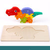 Colorful wooden dinosaur puzzle toy with matching wooden board for educational play.