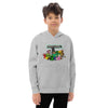 Kid wearing gray Minecraft heroes fleece hoodie, showcasing game characters, perfect for comfort and active play.