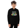 Boy wearing black kids fleece hoodie with Minecraft heroes print, featuring iconic game characters.