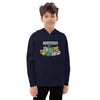 Child wearing a black kids fleece hoodie with Minecraft heroes design showcasing game characters, emphasizing comfort and style.