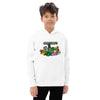 Kids wearing white Minecraft heroes fleece hoodie for comfort and durability.