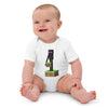 Baby wearing organic cotton bodysuit with Minecraft Enderman design, smiling and sitting on the floor.