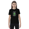 Child wearing organic cotton Minecraft Creeper t-shirt, black with green design, perfect for eco-friendly kids who love gaming.