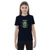 Child wearing an organic cotton t-shirt with a Minecraft Creeper design for a comfortable and eco-friendly gaming style.