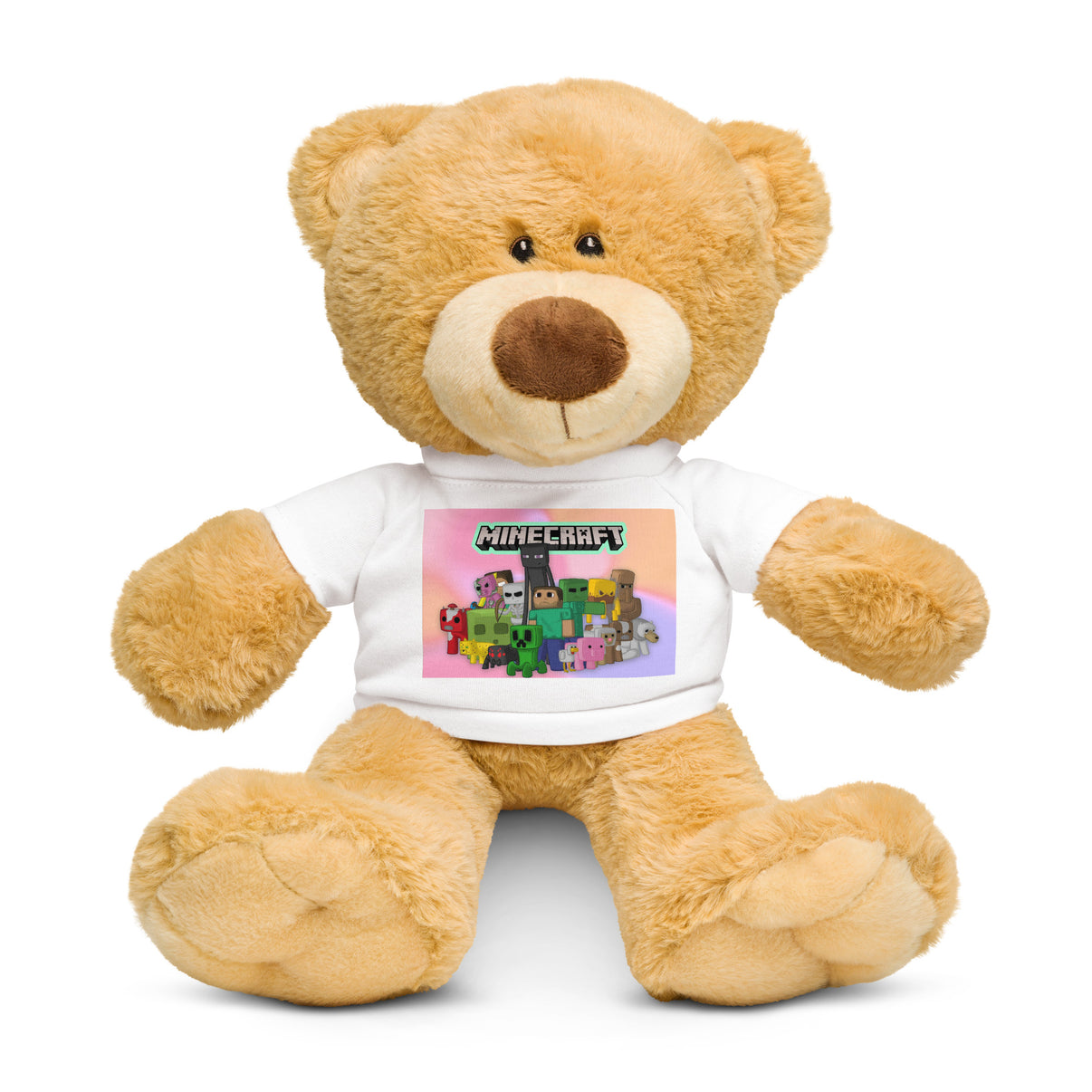 Soft teddy bear with Minecraft t-shirt, perfect plush toy gift for kids and gamers, 9.5" cuddly companion.