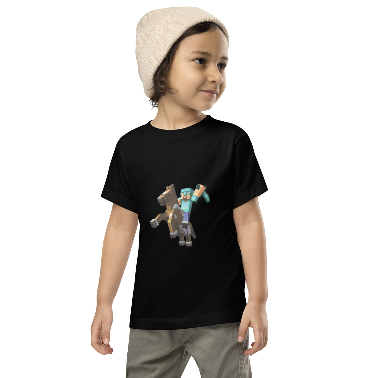 Toddler wearing black short sleeve tee with Minecraft Herobrine on horse design, showcasing gaming style and comfort.