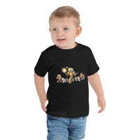 Toddler wearing black short sleeve tee with Minecraft heroes design, smiling and expressive, perfect for casual outings or playtime.