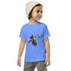 Toddler wearing blue short sleeve tee featuring Minecraft Herobrine on horse design, ideal for young gaming fans.