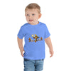 Toddler wearing a light blue short sleeve tee with Minecraft heroes print, perfect for playtime and casual outings.