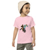 Toddler wearing a pink short sleeve tee with Herobrine on a horse design, perfect for young Minecraft fans.