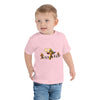 Toddler wearing a pink short sleeve tee with Minecraft heroes design, perfect for playtime and casual outings.