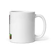 White glossy mug with Minecraft Enderman design holding block, ceramic, multiple sizes available, perfect for gamers and fans.