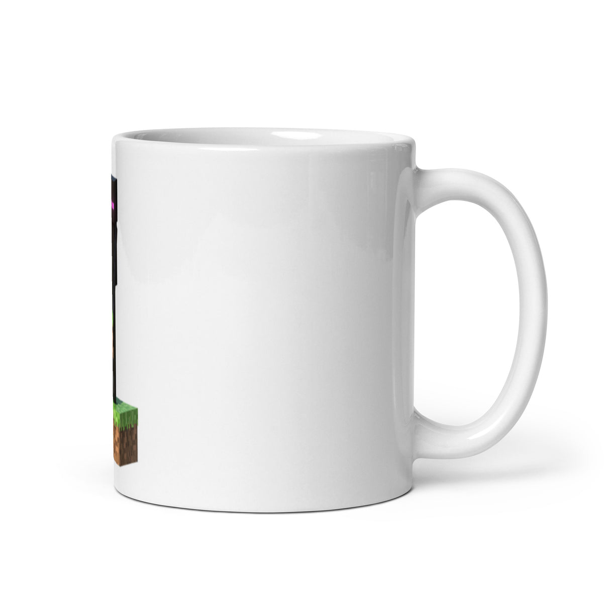 White glossy mug with Minecraft Enderman design holding block, ceramic, multiple sizes available, perfect for gamers and fans.