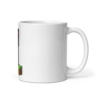 White glossy mug with Minecraft Enderman design holding block, ceramic, multiple sizes available, perfect for gamers and fans.