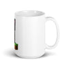 White glossy mug with Minecraft Enderman design carrying a block, perfect for gamers. Available in 11 oz, 15 oz, 20 oz sizes.