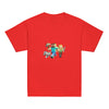 Red youth tee with Minecraft heroes design, perfect for adventurous kids and gaming enthusiasts.