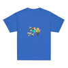 Youth blue t-shirt with Minecraft heroes design featuring characters holding tools, made of soft, breathable cotton fabric.